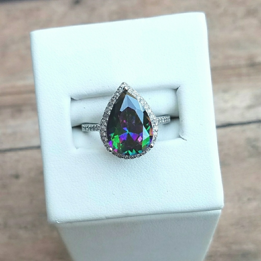 Pear Shape Rainbow CZ White Gold Ring Size 7
